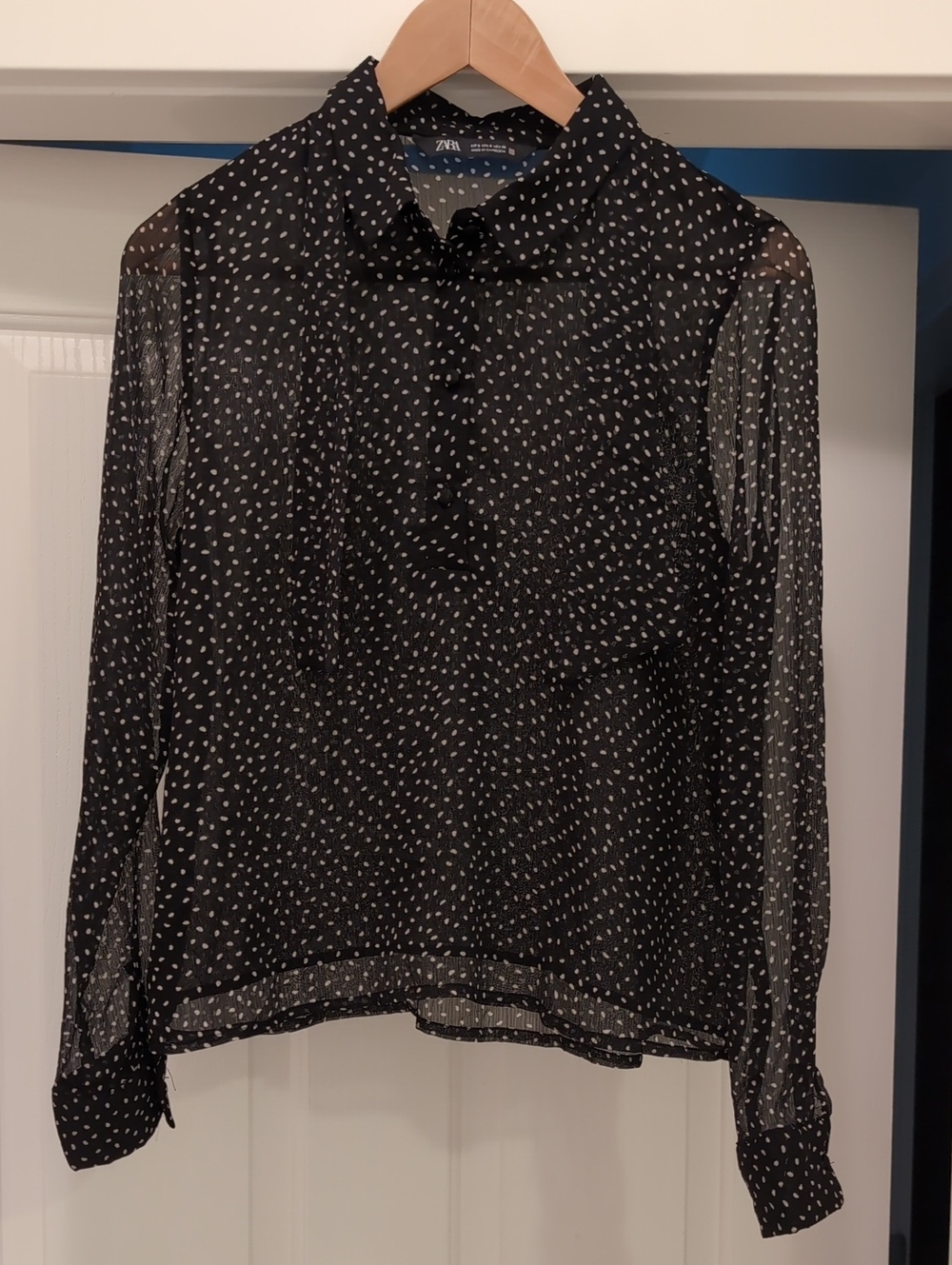 Zara Black Blouse with White Dot Tie-Neck
